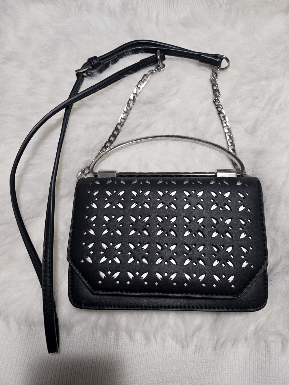 BCBG Black Laser-Cut Crossbody Bag with Silver Handle